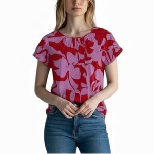 Nine West Women's Vibrant Red & Pink Gathered Crewneck Tulip Sleeve Blouse XL